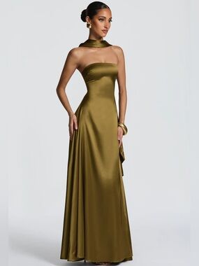 Olive Satin Strapless Gown,L